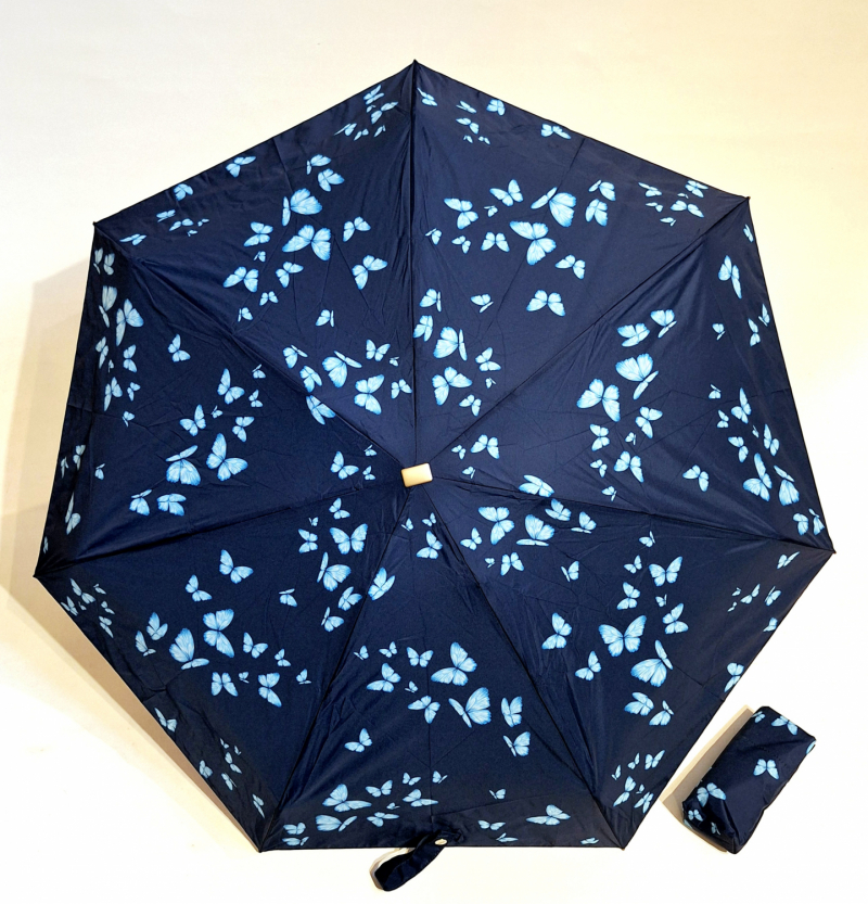 Parapluie de poche micro plat papillon bleu Vaux français - Petit 16cm - Léger manuel & 7 brches résistant - Top qualité