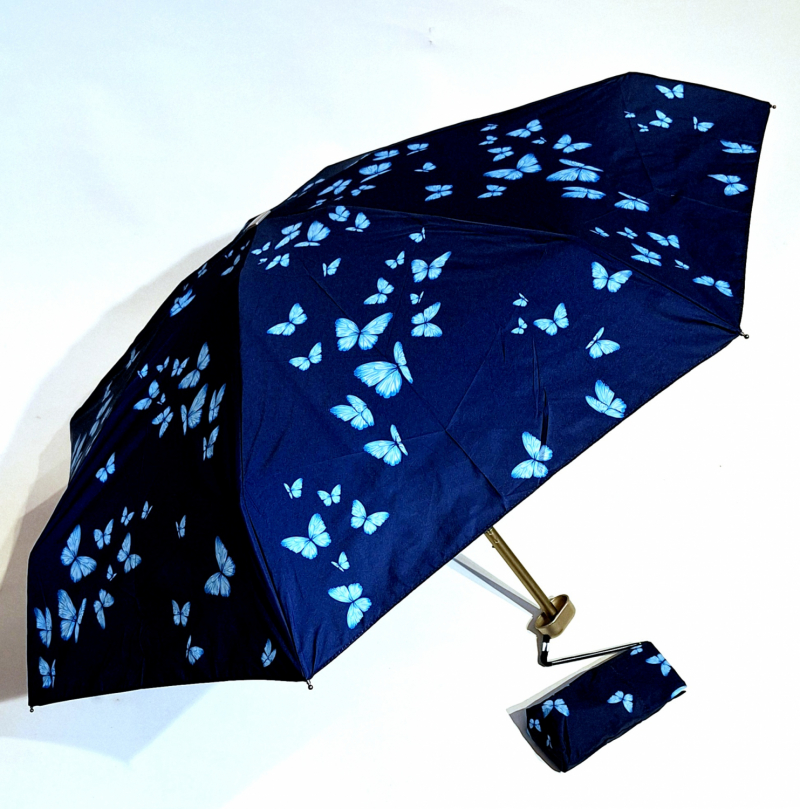 Parapluie de poche micro plat papillon bleu Vaux français - Petit 16cm - Léger manuel & 7 brches résistant - Top qualité