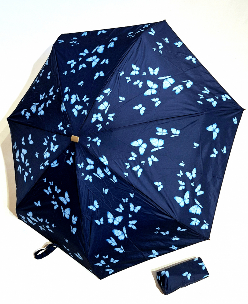 Parapluie de poche micro plat papillon bleu Vaux français - Petit 16cm - Léger manuel & 7 brches résistant - Top qualité