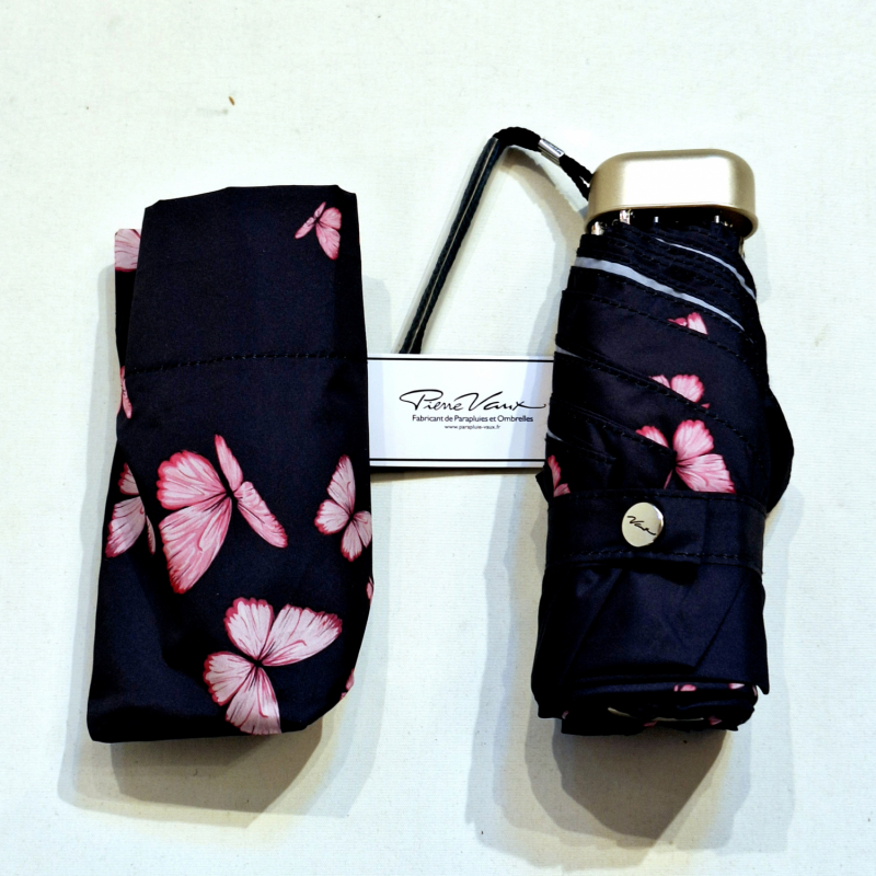 Parapluie de poche micro plat papillon rose Vaux français - Petit 16cm - Léger manuel & 7 brches résistant - Top qualité