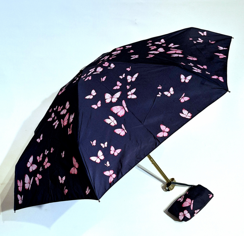 Parapluie de poche micro plat papillon rose Vaux français - Petit 16cm - Léger manuel & 7 brches résistant - Top qualité