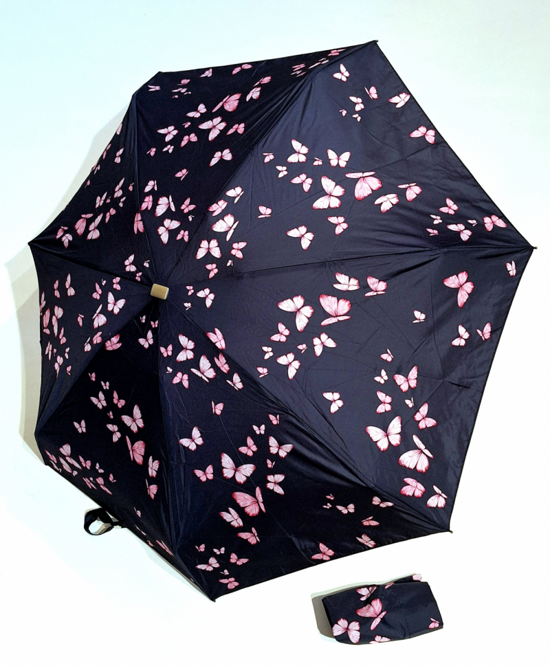 Parapluie de poche micro plat papillon rose Vaux français - Petit 16cm - Léger manuel & 7 brches résistant - Top qualité