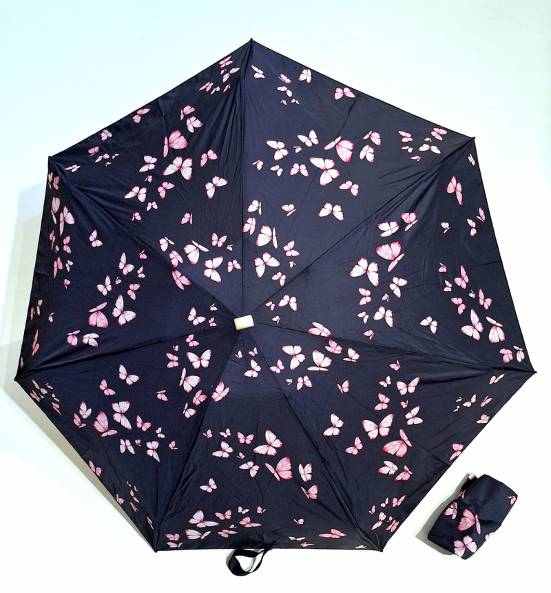 Parapluie de poche micro plat papillon rose Vaux français - Petit 16cm - Léger manuel & 7 brches résistant - Top qualité