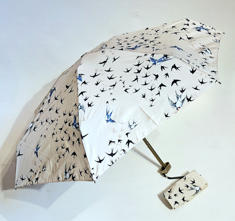 Parapluie de poche micro plat ivoire & vol d'hirondelles Vaux français - Petit 16cm - Léger manuel & 7 brches résistant - Top qualité