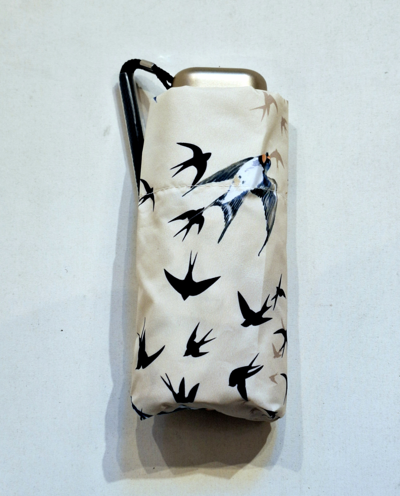 Parapluie de poche micro plat ivoire & vol d'hirondelles Vaux français - Petit 16cm - Léger manuel & 7 brches résistant - Top qualité