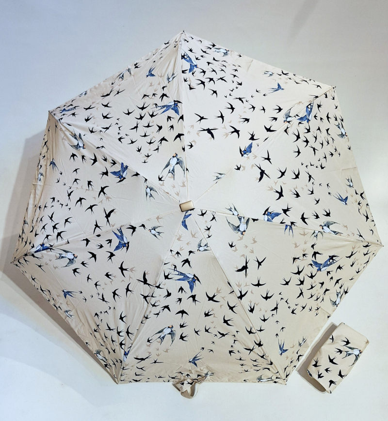 Parapluie de poche micro plat ivoire & vol d'hirondelles Vaux français - Petit 16cm - Léger manuel & 7 brches résistant - Top qualité