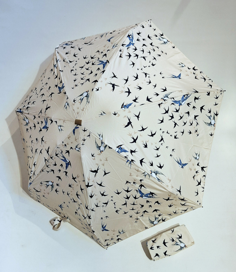 Parapluie de poche micro plat ivoire & vol d'hirondelles Vaux français - Petit 16cm - Léger manuel & 7 brches résistant - Top qualité