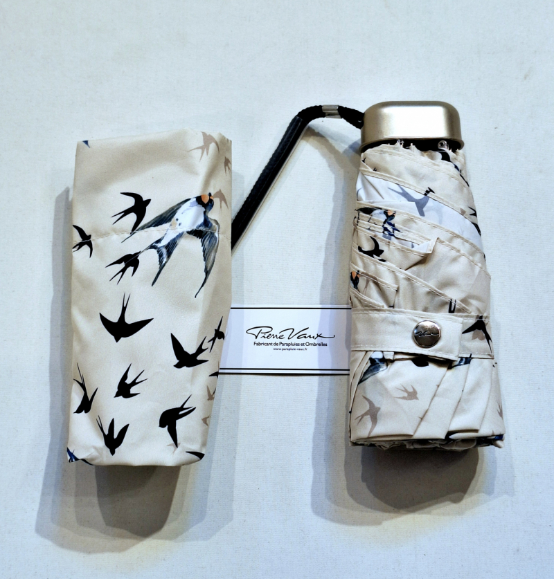 Parapluie de poche micro plat ivoire & vol d'hirondelles Vaux français - Petit 16cm - Léger manuel & 7 brches résistant - Top qualité