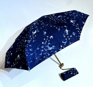 Parapluie de poche micro plat bleu & vol d'hirondelles Vaux français - Petit 16cm - Léger manuel & 7 brches résistant - Top qualité