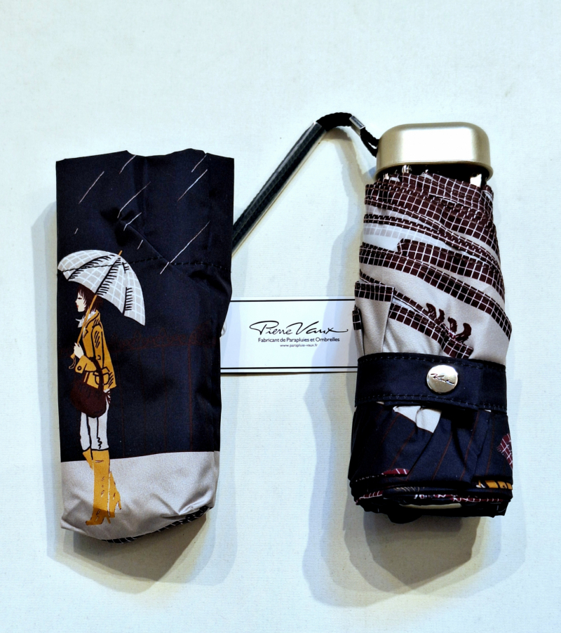 Parapluie de poche micro plat noir sous la tempête Vaux français - Petit 16cm - Léger manuel & 7 brches résistant - Top qualité