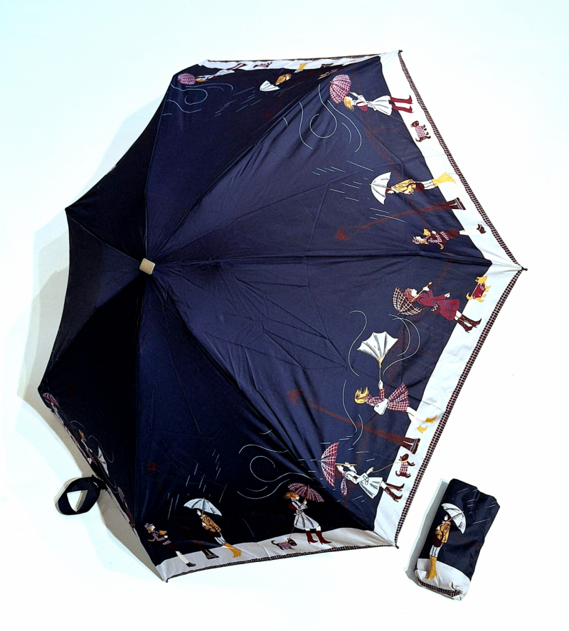 Parapluie de poche micro plat noir sous la tempête Vaux français - Petit 16cm - Léger manuel & 7 brches résistant - Top qualité