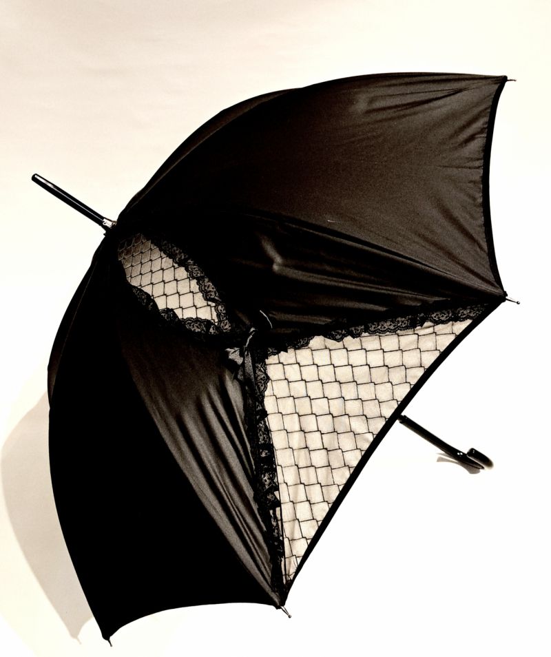 Parapluie Chantal Thomass de luxe long noir à noeud et dentelle noire sur fond ivoire, élégant et résistant