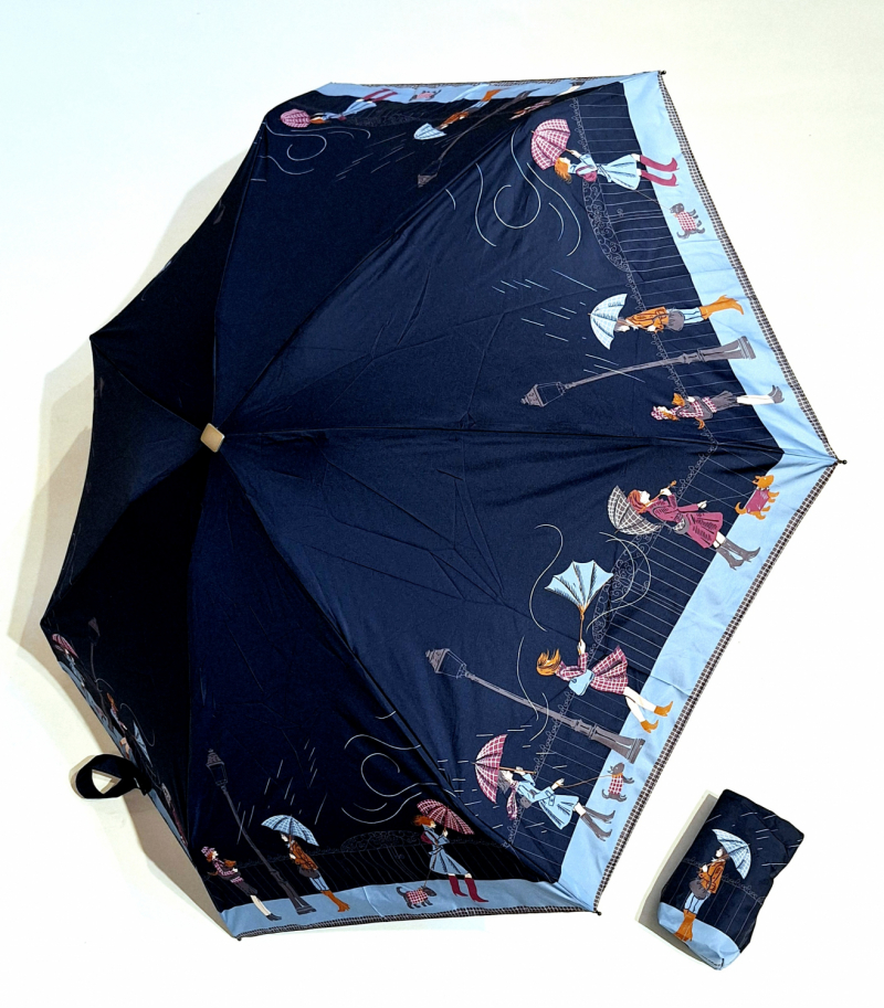 Parapluie de poche micro plat bleu marine scène de vie sous la tempête Vaux français - Petit 16cm - Léger manuel & 7 brches résistant - Top qualité