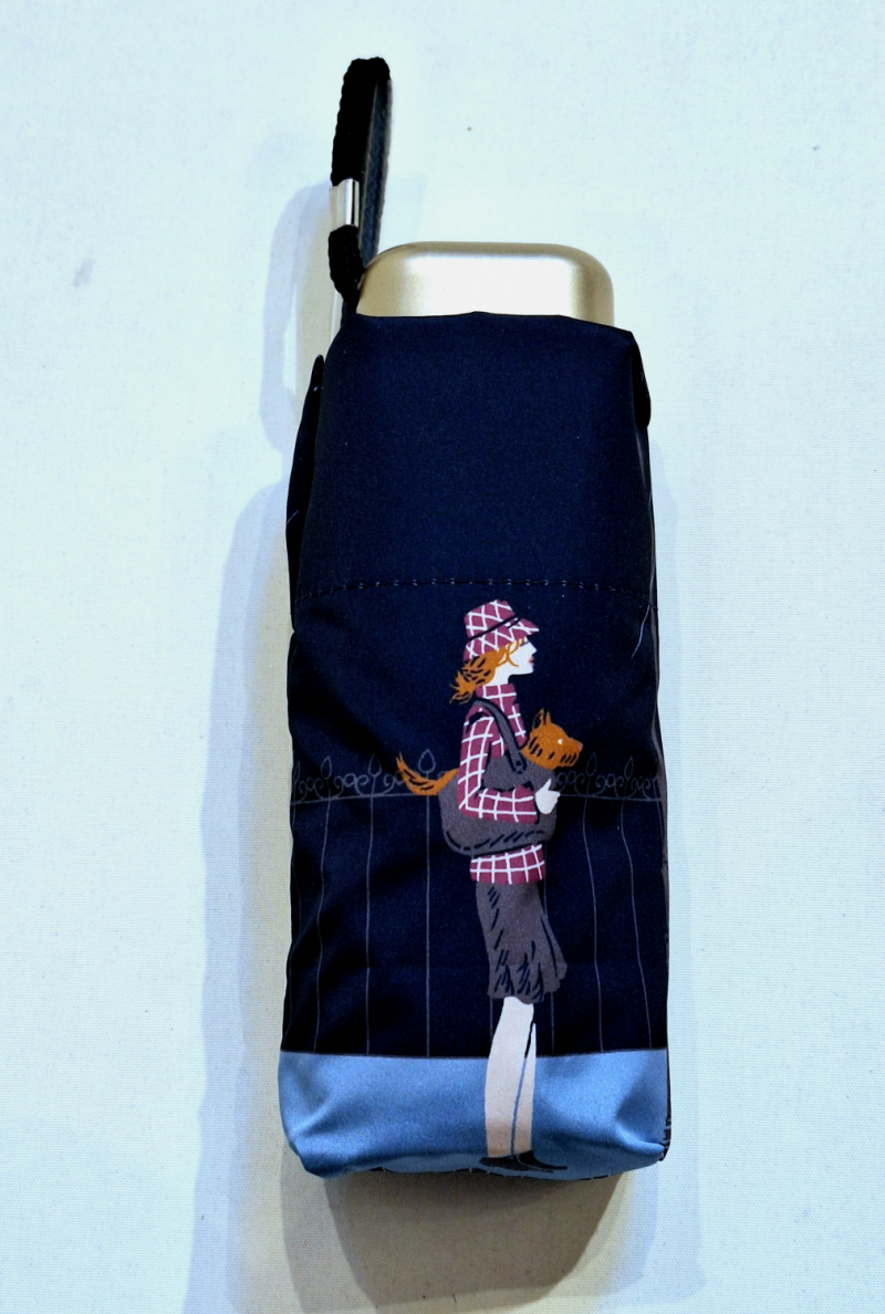 Parapluie de poche micro plat bleu marine scène de vie sous la tempête Vaux français - Petit 16cm - Léger manuel & 7 brches résistant - Top qualité