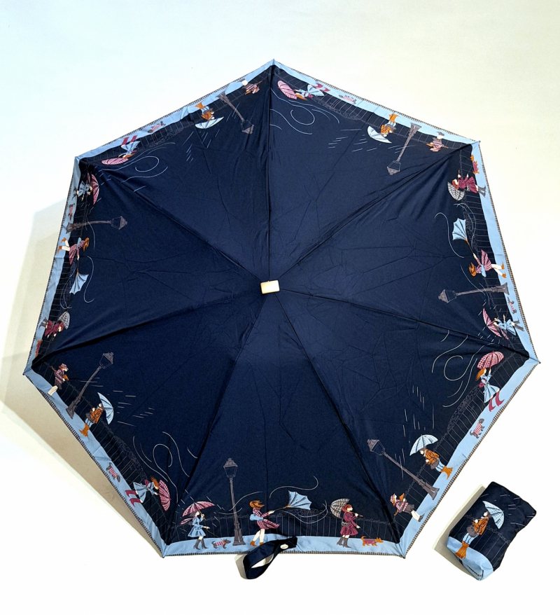 Parapluie de poche micro plat bleu marine scène de vie sous la tempête Vaux français - Petit 16cm - Léger manuel & 7 brches résistant - Top qualité