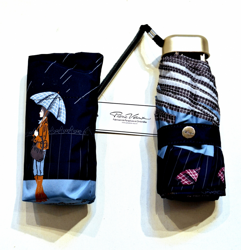 Parapluie de poche micro plat bleu marine scène de vie sous la tempête Vaux français - Petit 16cm - Léger manuel & 7 brches résistant - Top qualité
