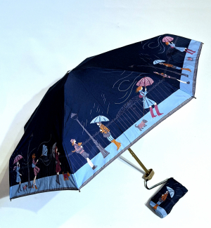 Parapluie de poche micro plat bleu marine scène de vie sous la tempête Vaux français - Petit 16cm - Léger manuel & 7 brches résistant - Top qualité