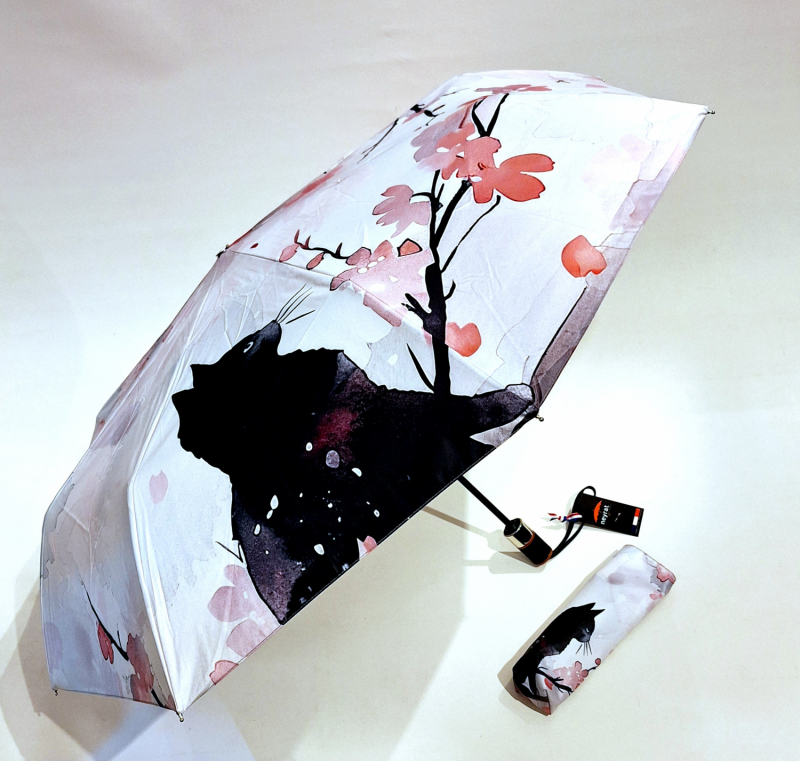 Parapluie pliant automatique ouvré fermé rose imprimé Chat noir & fleurs Japonisant Neyrat - Français - léger & résistant