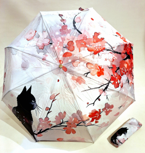 Parapluie pliant automatique ouvré fermé rose imprimé Japonisant Neyrat - Chat noir - Français - léger & résistant