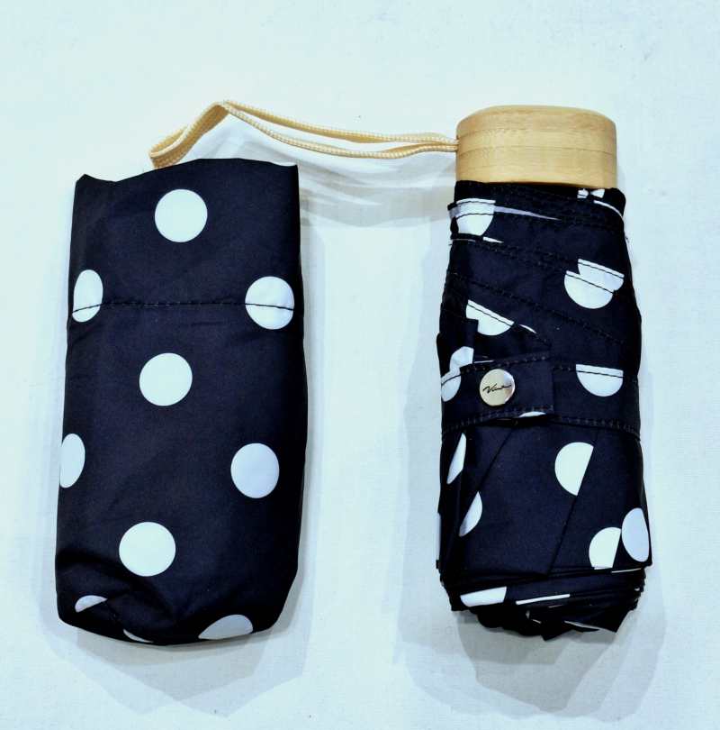 Parapluie de poche plat noir imprimé pois blanc - Poignée bois - Français Vaux - léger & résistant