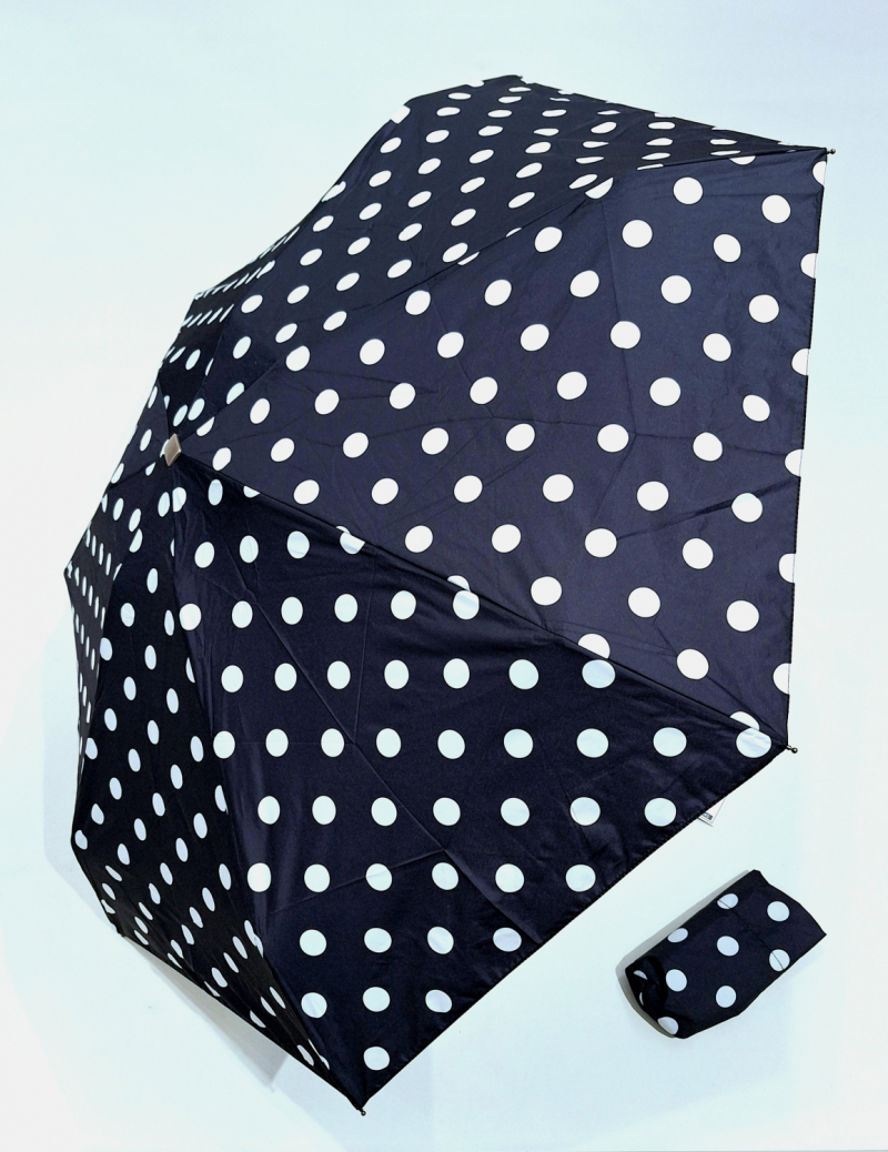 Parapluie de poche plat noir imprimé pois blanc - Poignée bois - Français Vaux - léger & résistant