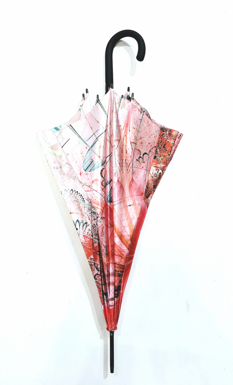 Parapluie Doppler élégant long automatique rose imprimé de fleurs stylisées - Qualité & résistant 