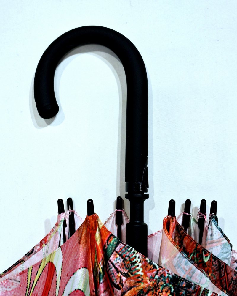 Parapluie Doppler élégant long automatique rose imprimé de fleurs stylisées - Qualité & résistant 