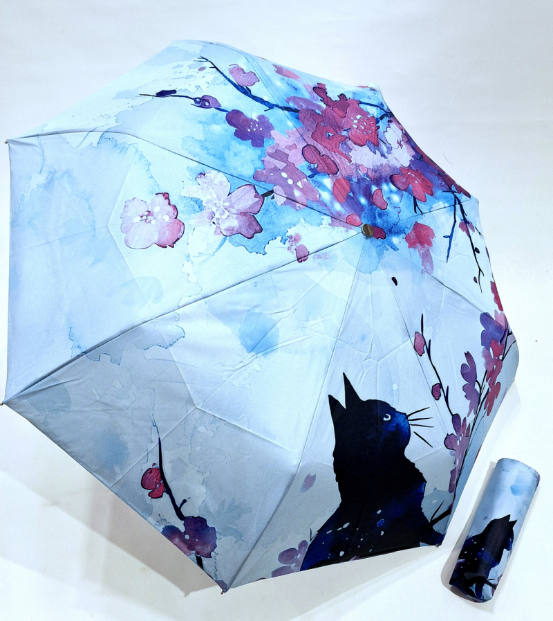 Parapluie pliant automatique ouvré fermé bleu imprimé Chat noir & fleurs Japonisant Neyrat - Français - léger & résistant