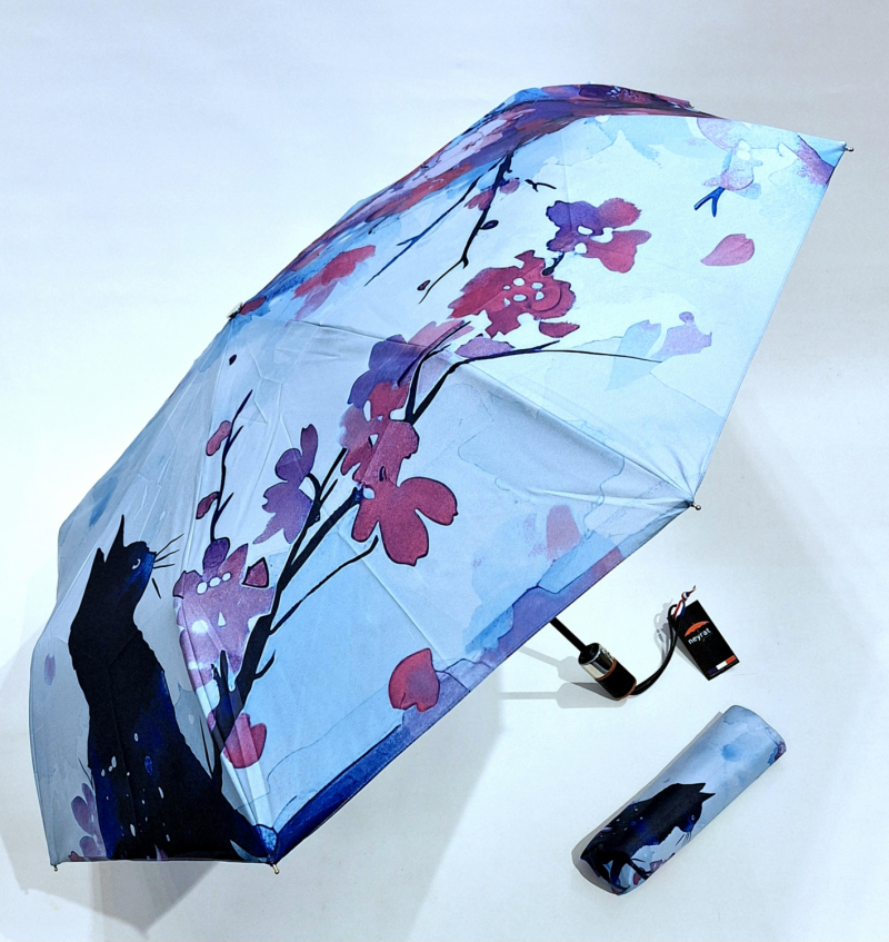 Parapluie pliant automatique ouvré fermé bleu imprimé Chat noir & fleurs Japonisant Neyrat - Français - léger & résistant