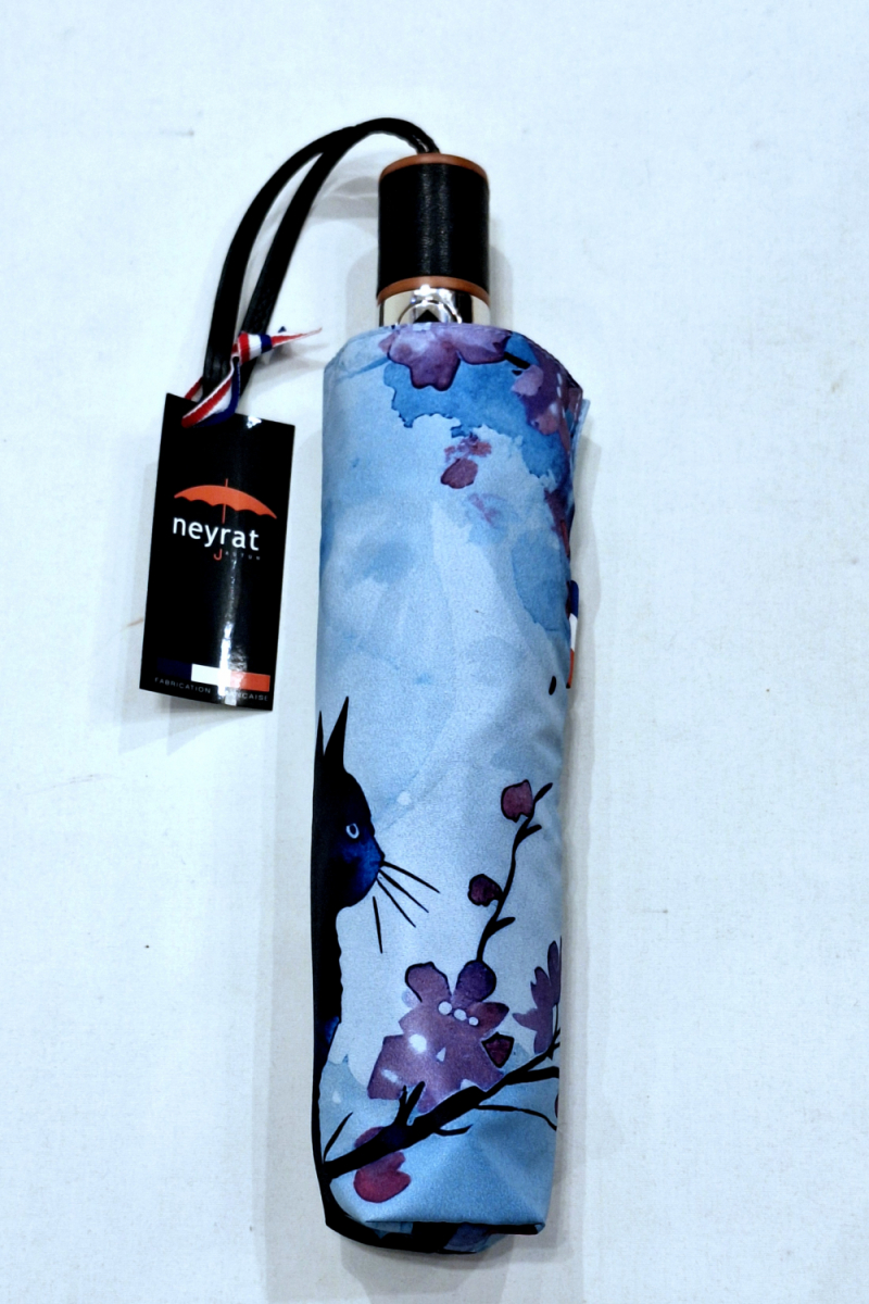 Parapluie pliant automatique ouvré fermé bleu imprimé Chat noir & fleurs Japonisant Neyrat - Français - léger & résistant