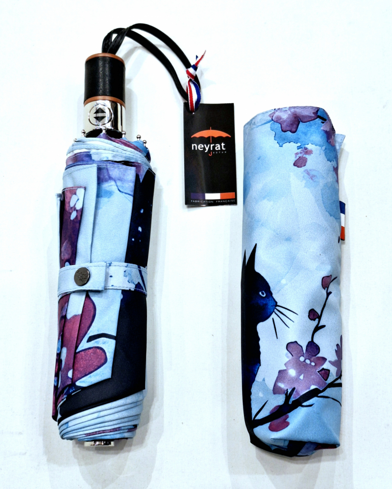 Parapluie pliant automatique ouvré fermé bleu imprimé Chat noir & fleurs Japonisant Neyrat - Français - léger & résistant