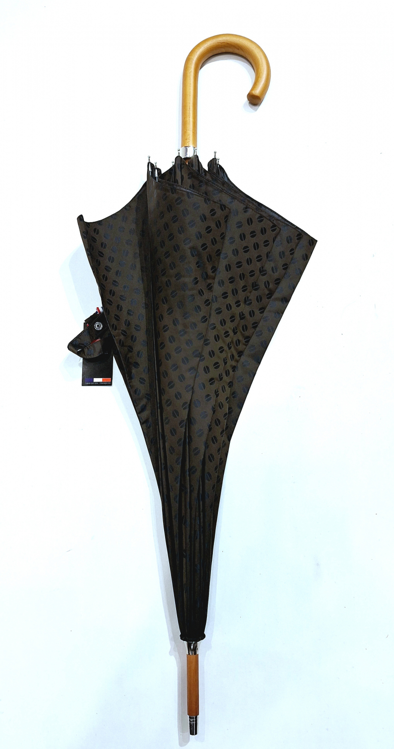 Parapluie grand automatique poignée bois Tissu luxe Jacquard chocolat imprimé grains de café Français - Elégant & Fait main 