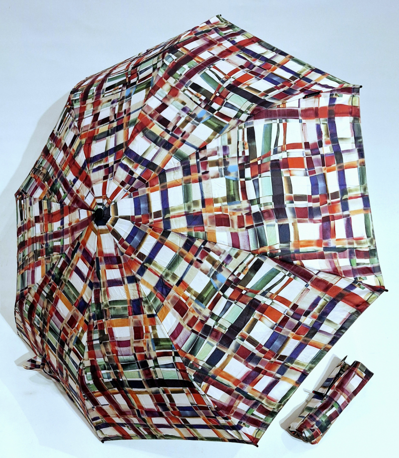 Mini parapluie pliant T200 Knirps automatique ouvré fermé écru imprimé carreaux coloré - Garantie 5ans - Léger & solide