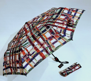 Mini parapluie pliant T200 Knirps automatique ouvré fermé écru imprimé carreaux coloré - Garantie 5ans - Léger & solide