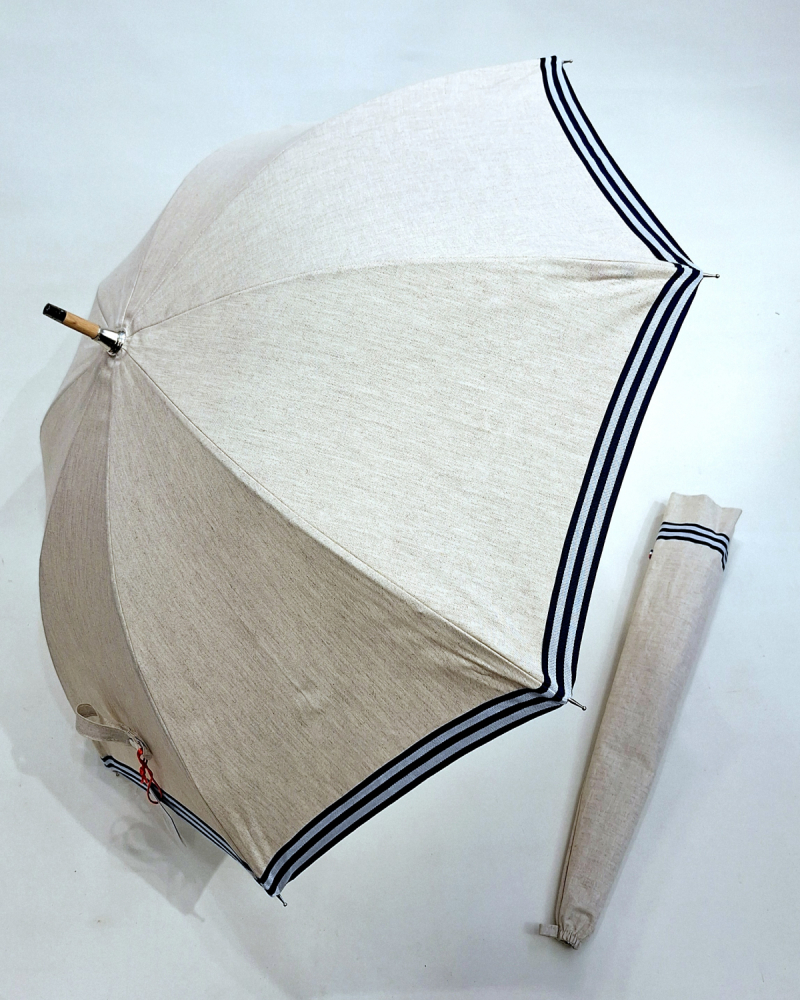 Ombrelle anti uv  en lin bordée galon marinière Marine montage anglais en chêne - blocage des rayons à 100%