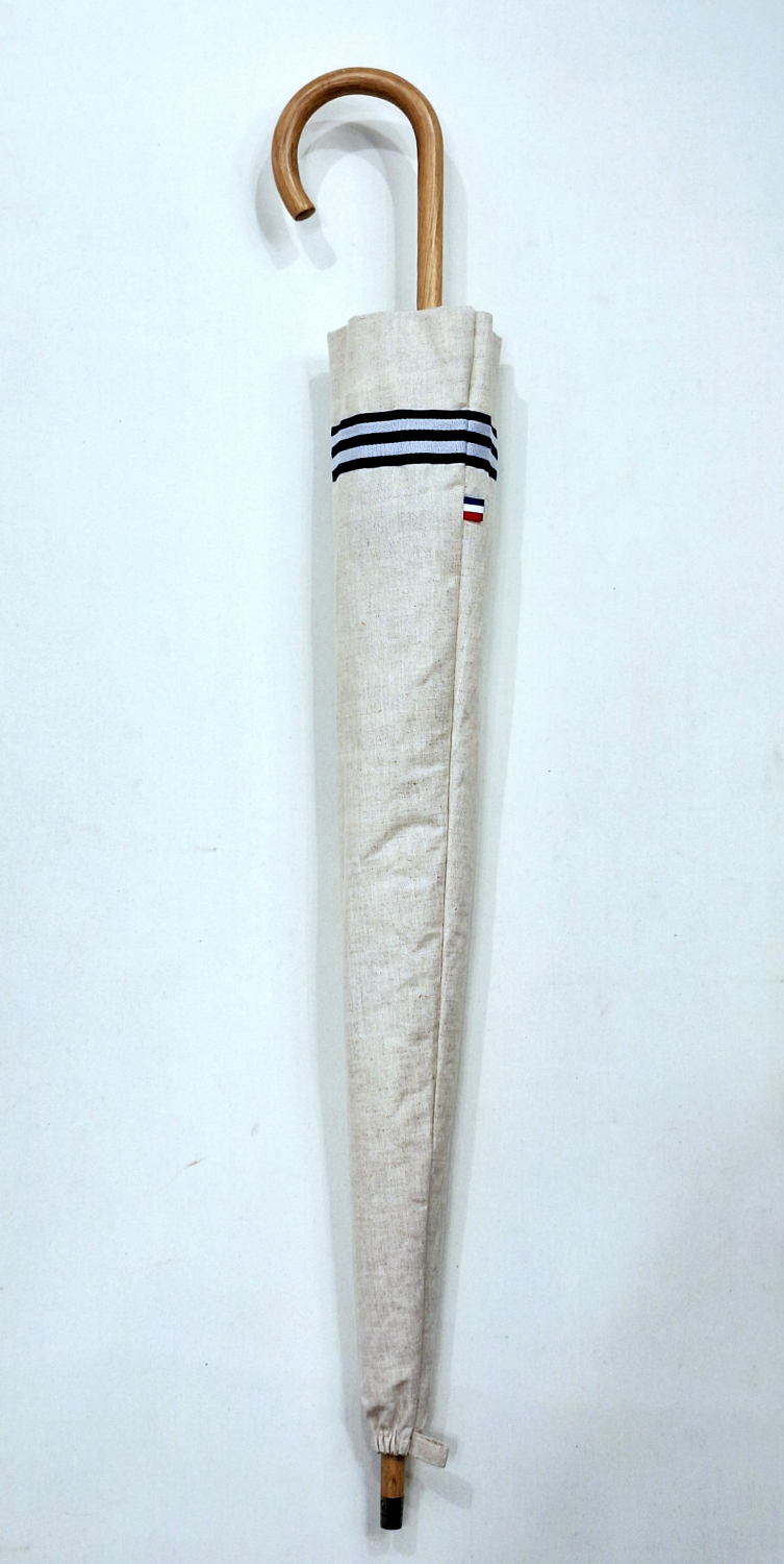 Ombrelle anti uv  en lin bordée galon marinière Marine montage anglais en chêne - blocage des rayons à 100%