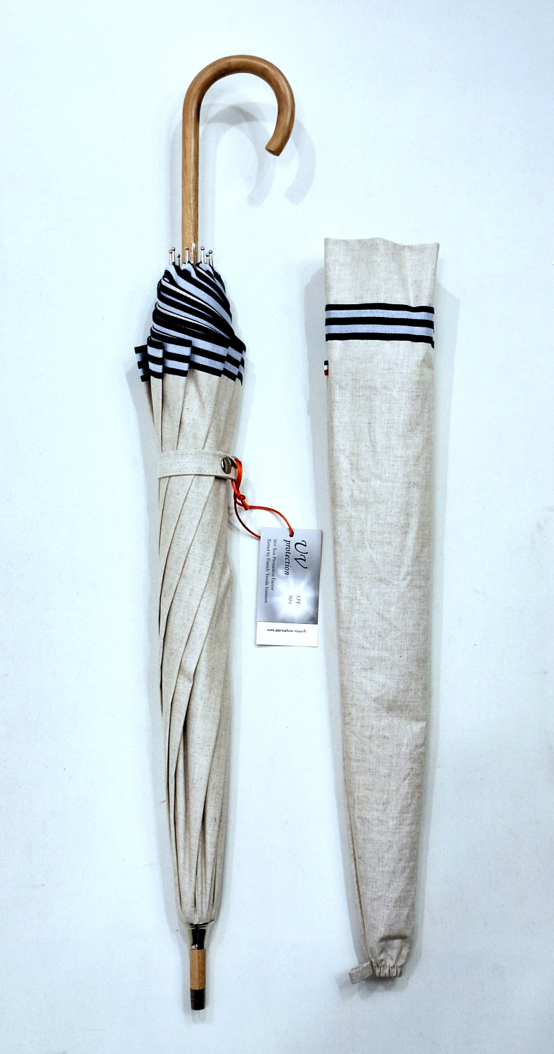 Ombrelle anti uv  en lin bordée galon marinière Marine montage anglais en chêne - blocage des rayons à 100%