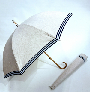 Ombrelle anti uv  en lin bordée galon marinière Marine montage anglais en chêne - blocage des rayons à 100%