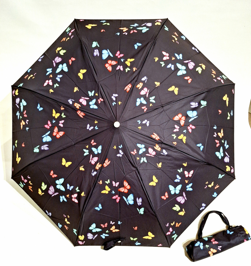Parapluie mini pliant automatique ouvré fermé noir imprimé papillons colorés P.Vaux français - solide & résistant