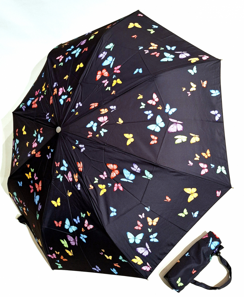 Parapluie mini pliant automatique ouvré fermé noir imprimé papillons colorés P.Vaux français - solide & résistant