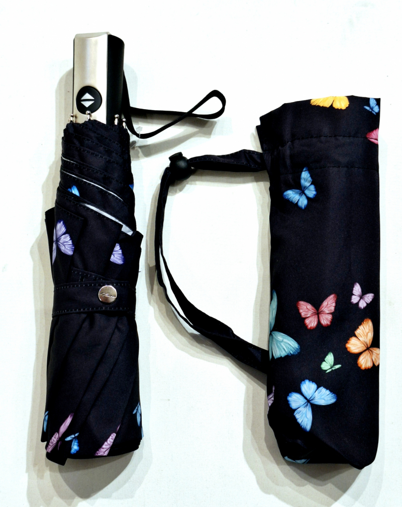Parapluie mini pliant automatique ouvré fermé noir imprimé papillons colorés P.Vaux français - solide & résistant