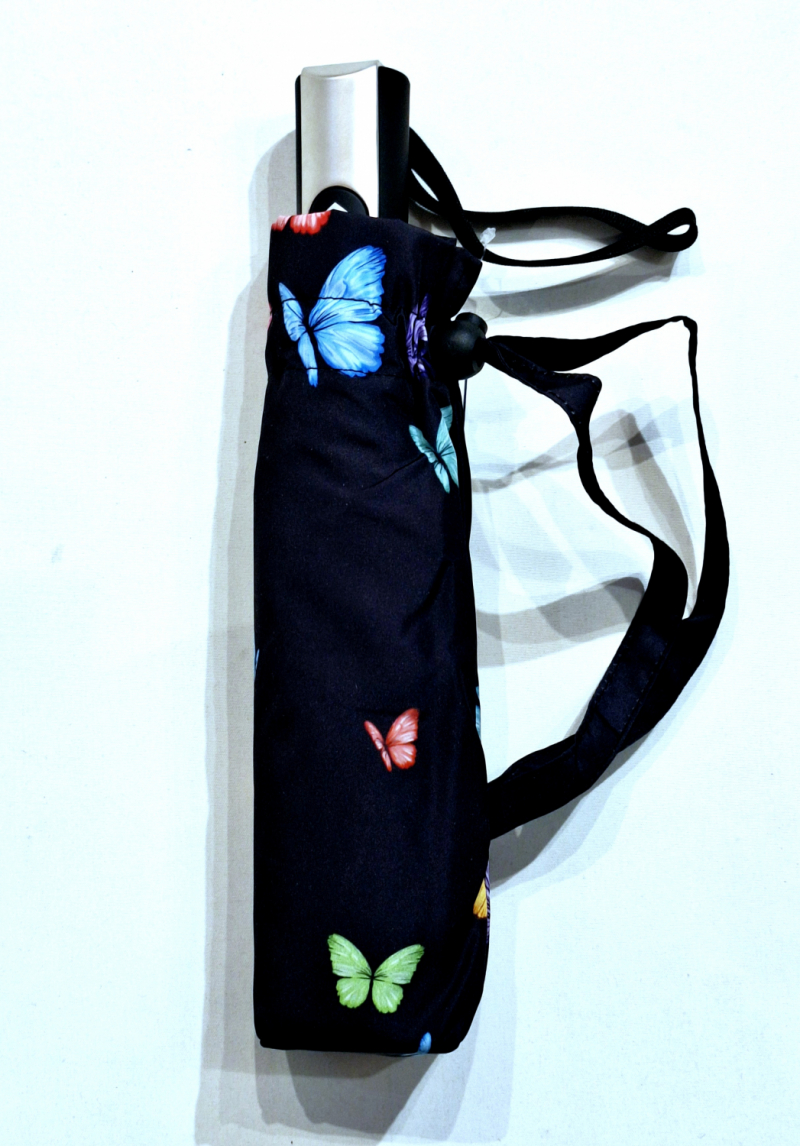 Parapluie mini pliant automatique ouvré fermé noir imprimé papillons colorés P.Vaux français - solide & résistant