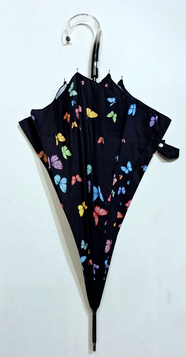 Parapluie long auto noir imprimé papillons colorés français - Qualité fait main - grand & résistant
