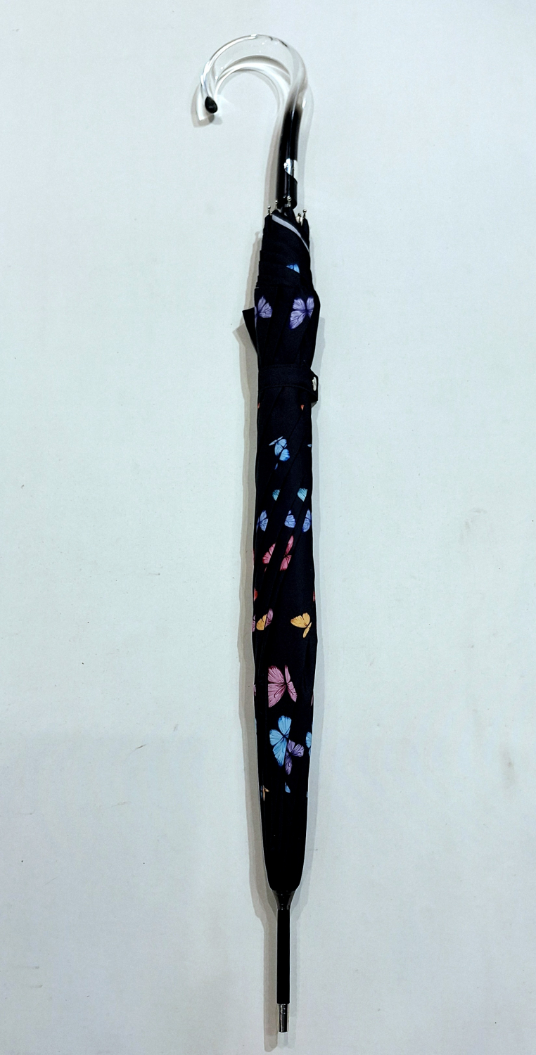 Parapluie long auto noir imprimé papillons colorés français - Qualité fait main - grand & résistant