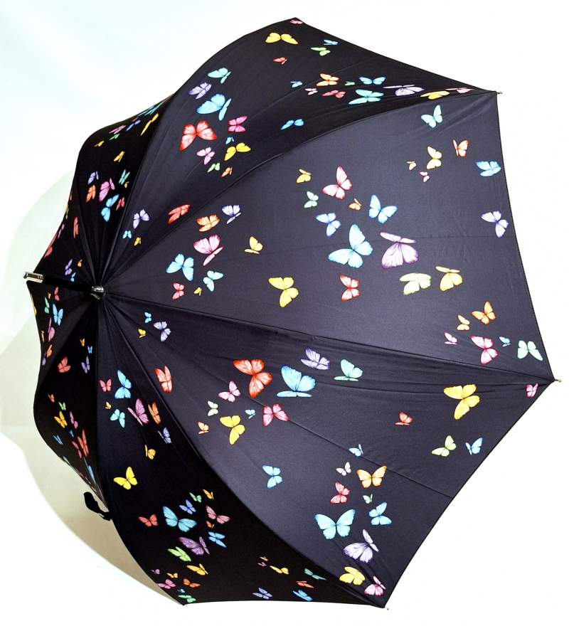 Parapluie long auto noir imprimé papillons colorés français - Qualité fait main - grand & résistant