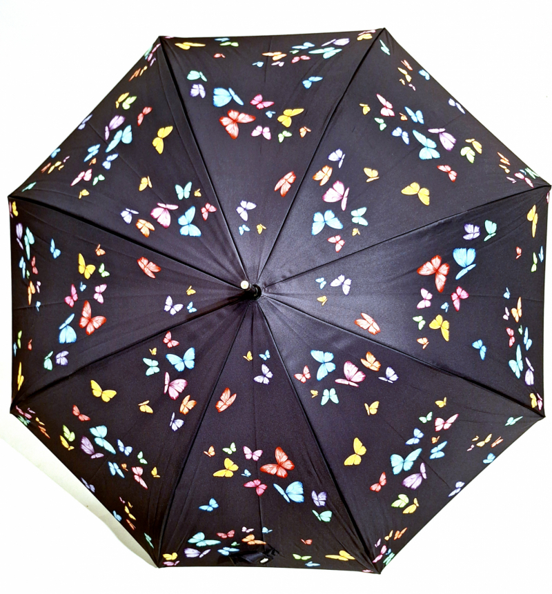 Parapluie long auto noir imprimé papillons colorés français - Qualité fait main - grand & résistant