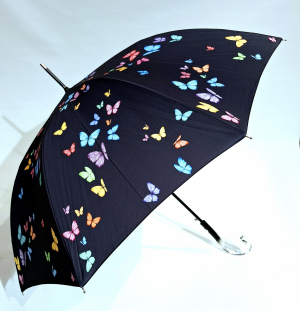 Parapluie long auto noir imprimé papillons colorés français - Qualité fait main - grand & résistant