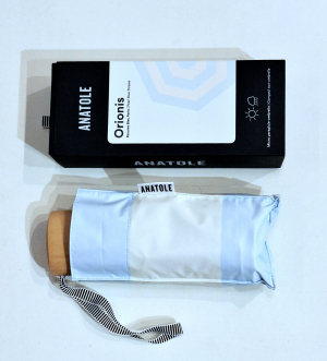 Mini parapluie-ANTI UV 100% RAYE bleu perle & ivoire imprimé - Petite Ombrelle Orionis / Anatole - 250g Légère & résistante 
