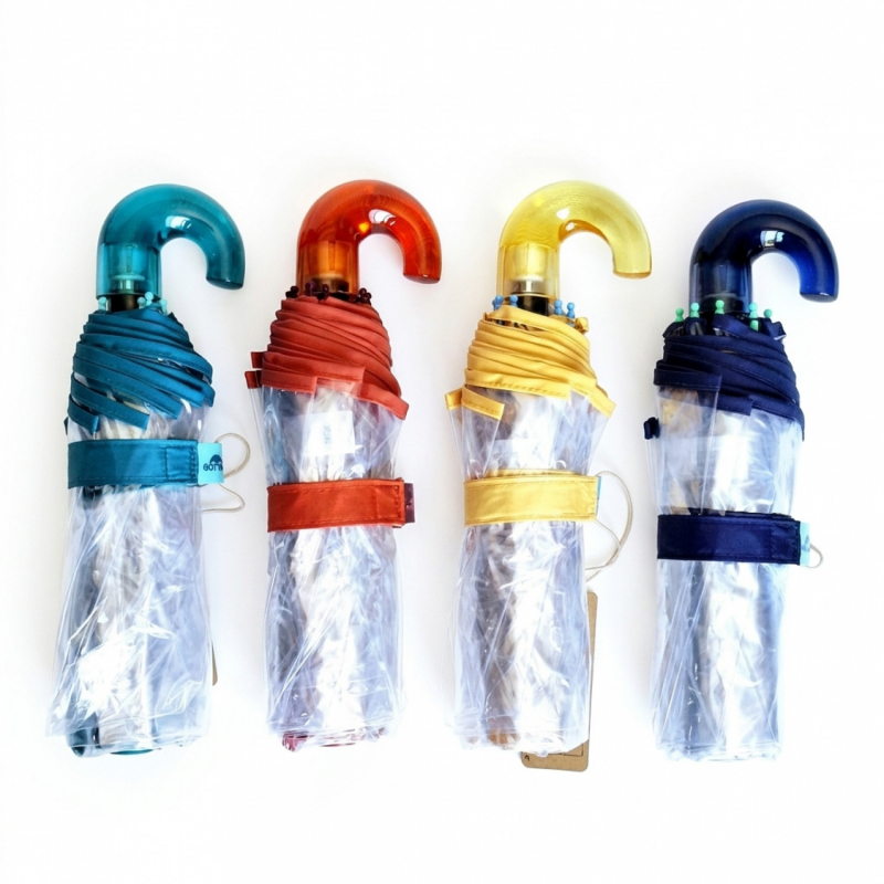 Parapluie transparent mini pliant manuel galon orange petite poignée courbe - léger 250g & solide 