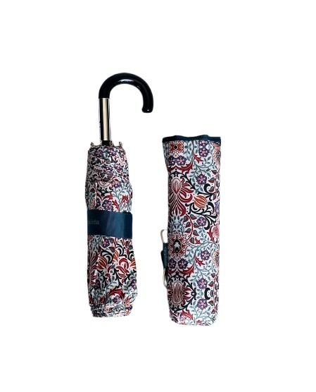 Parapluie mini pliant manuel blanc imprimé feuillage vert/bleu petite poignée courbe - léger 220g & large